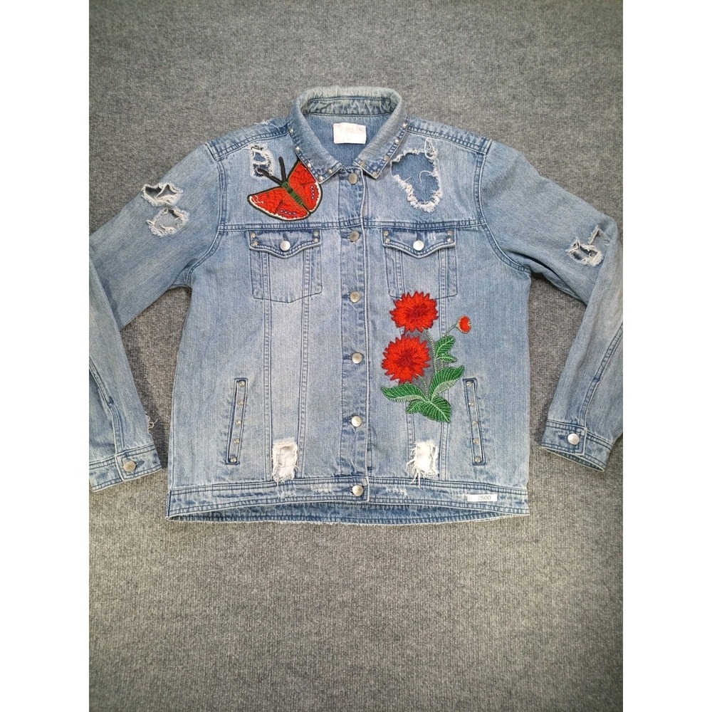 Tinsel Town Women's Large Distressed Denim Jacket Floral Butterfly Embroidered
